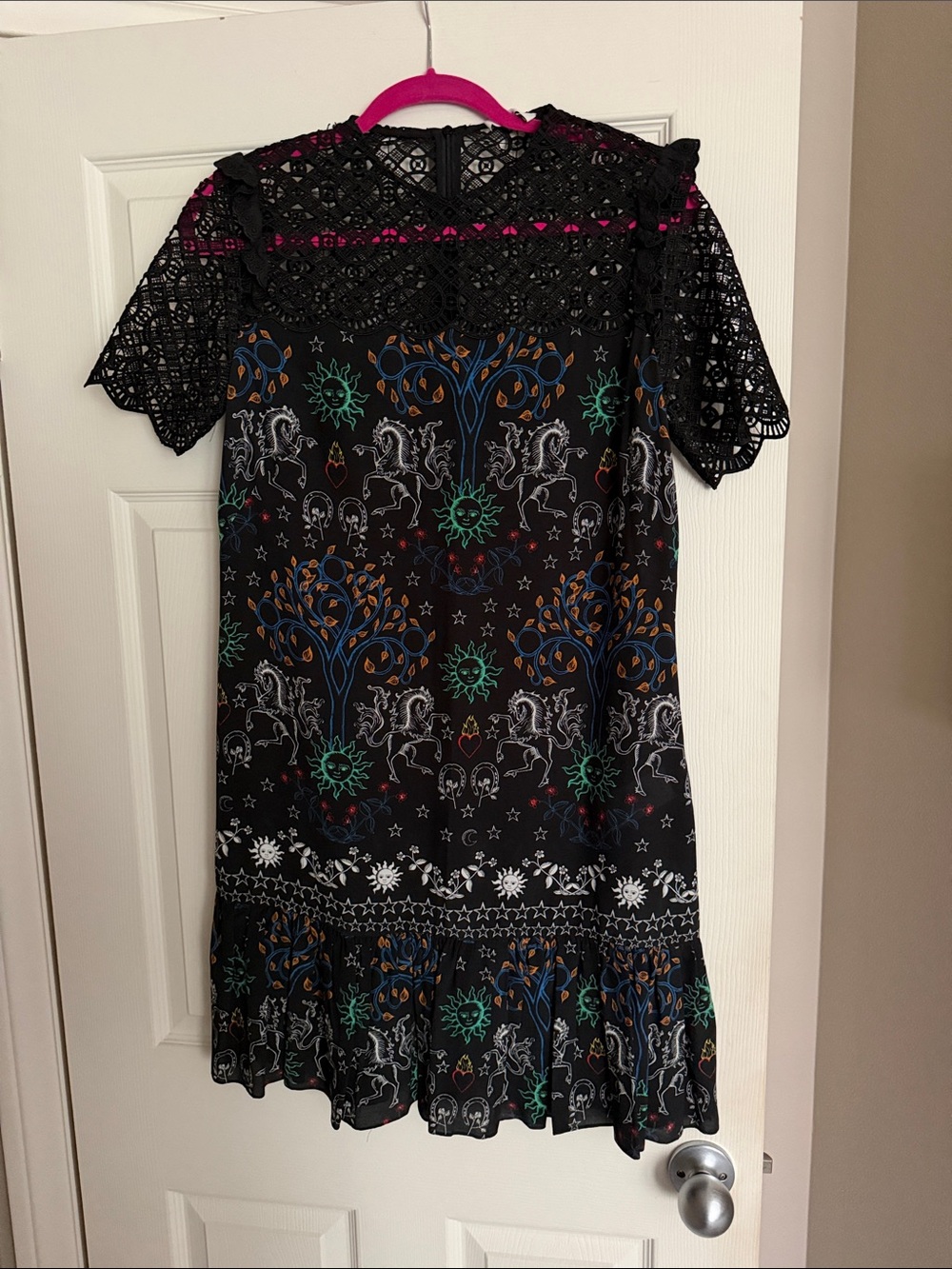 Sandro Black Multi-Print Lace Yoke Short Sleeve Dress